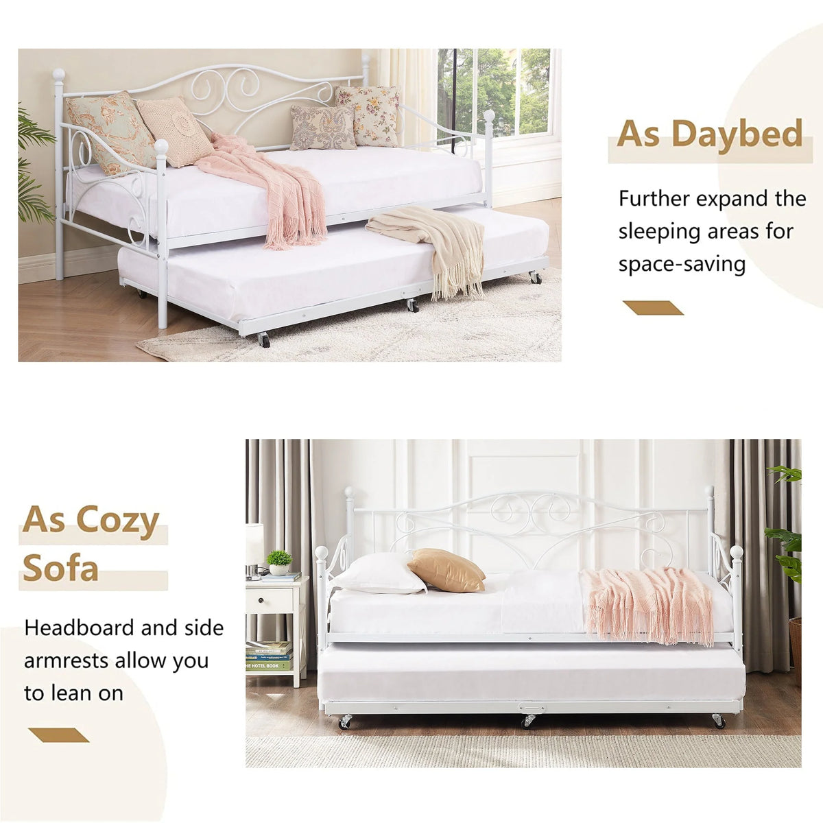 VECELO Twin Metal Daybed Frame with Trundle, Mattress Foundation Sofa Bed Platfrom with Headboard, No Box Spring Needed, White