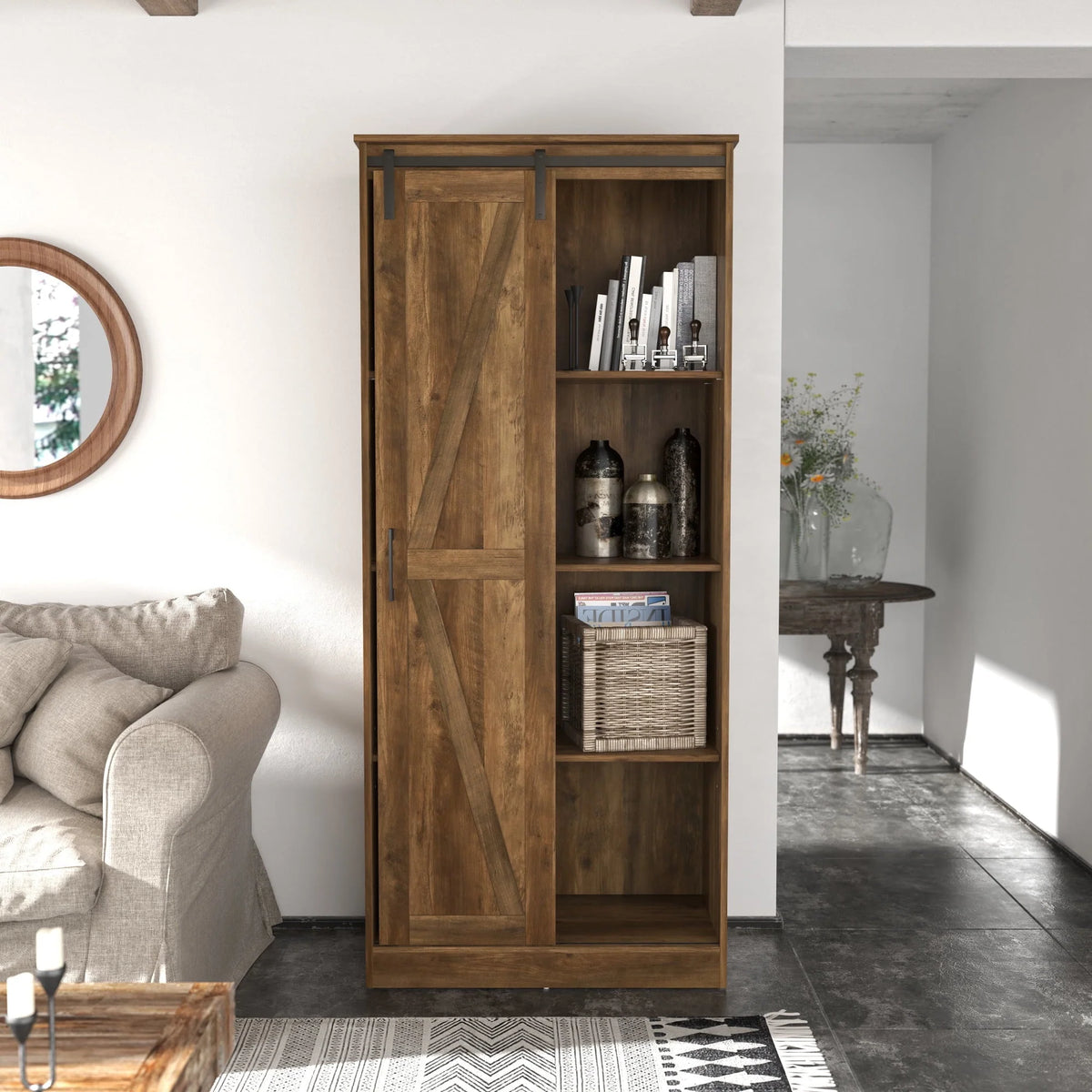 Woven Paths Shelton Wood Kitchen Pantry with 1 Sliding Barn Door, Knotty Oak
