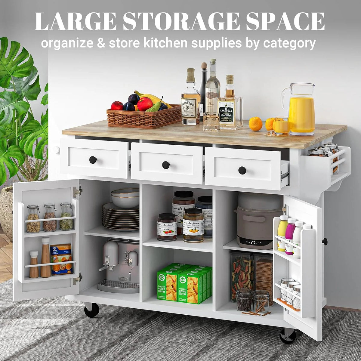 ZIVACATE Rolling Kitchen Island with Drop Leaf and Storage Large 53 in Movable Kitchen Carts White