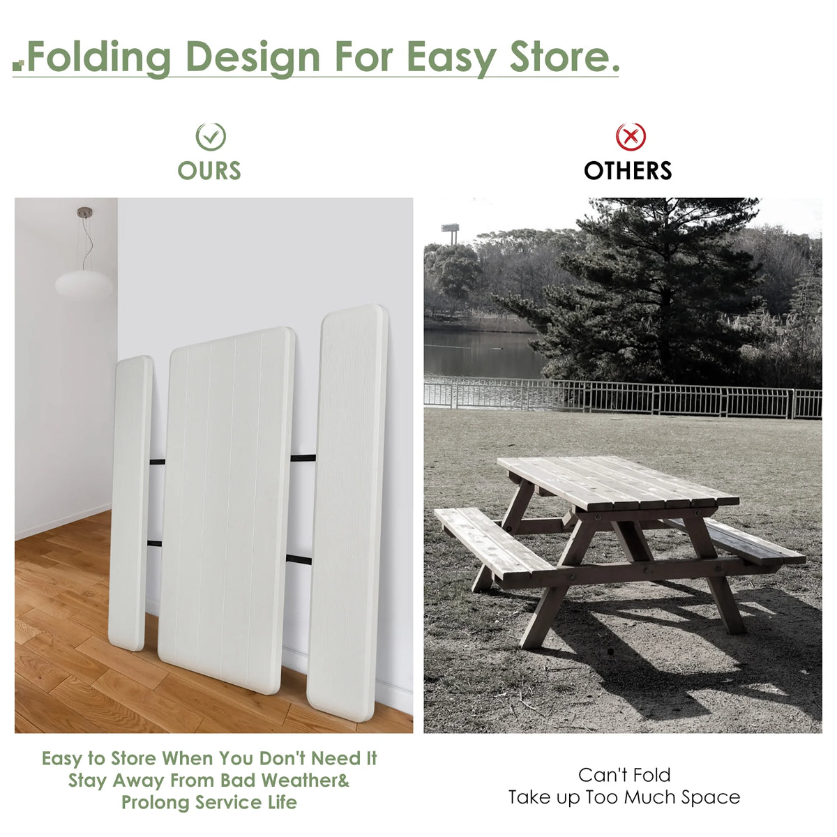 Costway Indoor & Outdoor Folding Picnic Table Bench Set w/ Wood-like Texture Grey