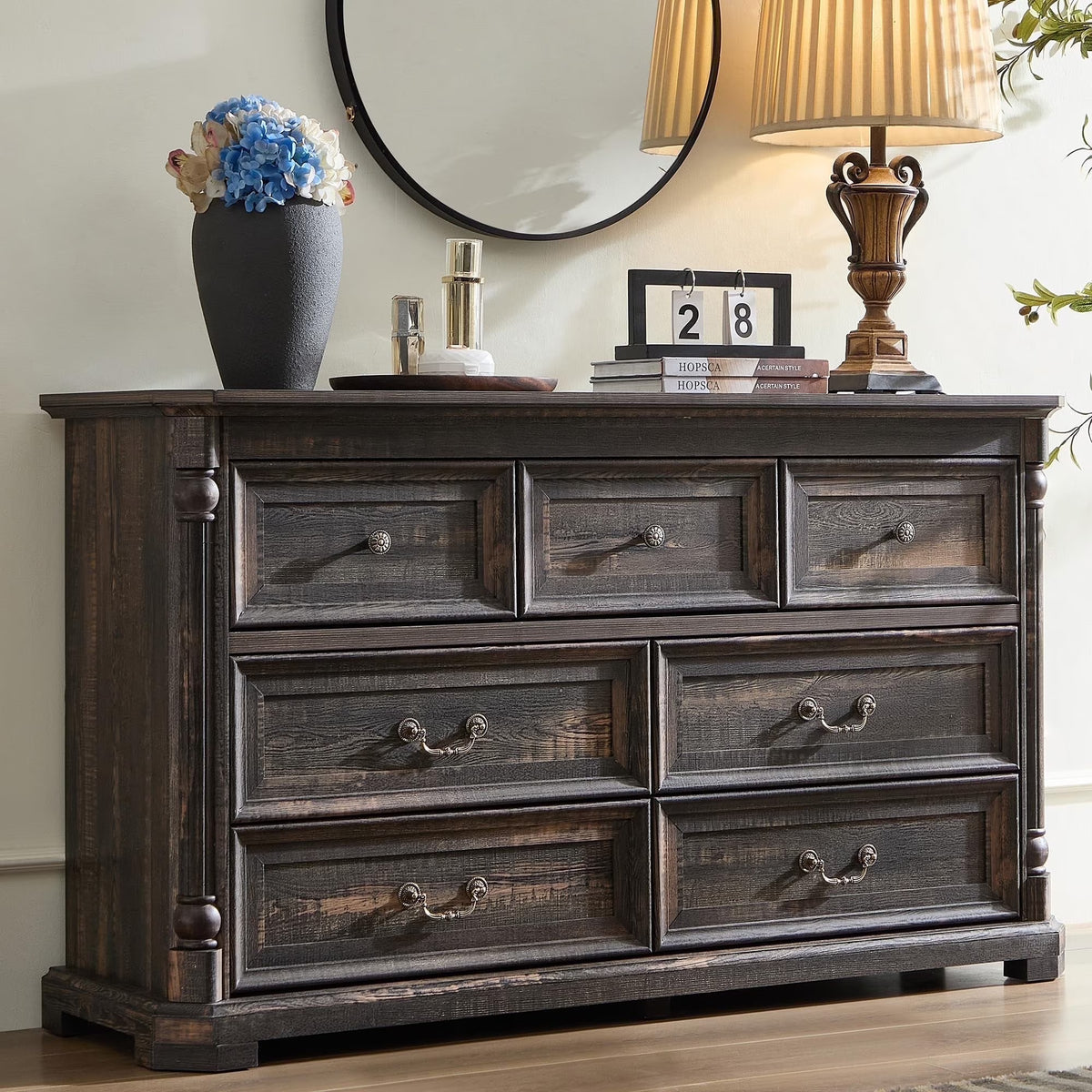 Brafabhome Rattan 6 Drawers Dresser for Bedroom, Vintage Boho Double Dresser Wicker Chest with Wooden Legs for Living Room Hallway| Mint