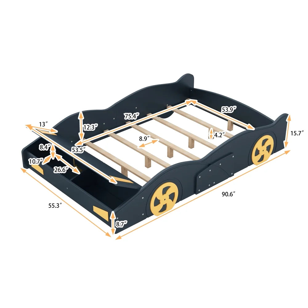 Full Size Modern Race Car-Shaped Platform Bed with Wheels and Storage, Solid Wood Platform Bed Frame with Sturdy Slat Support for Kids, Boys, Girls(Dark Blue)
