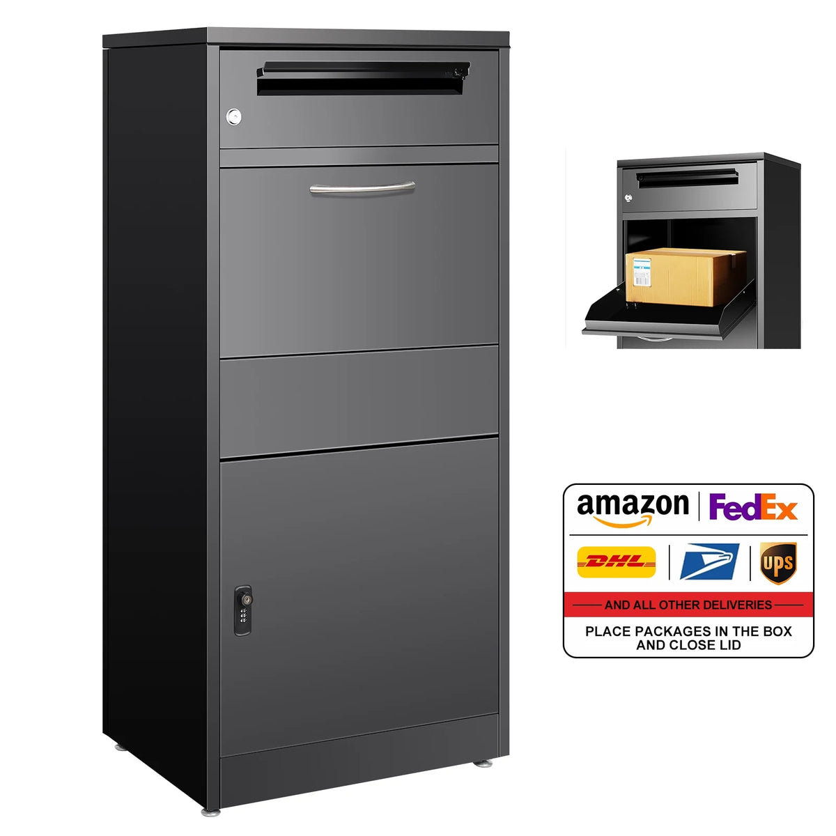 Gaonala Steel Package Delivery Box 19.6x14.4x44.9in Lockable Anti-Theft  Weather-Resistant Extra Large Mailbox For Porch Curbside Black