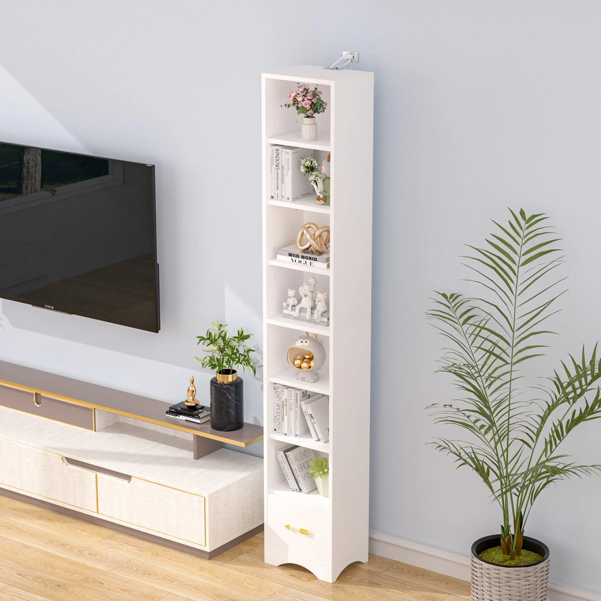Javlergo 71" Tall Narrow Bookcase, Small Corner Bookshelf with Adjustable Shelves & Drawer, White