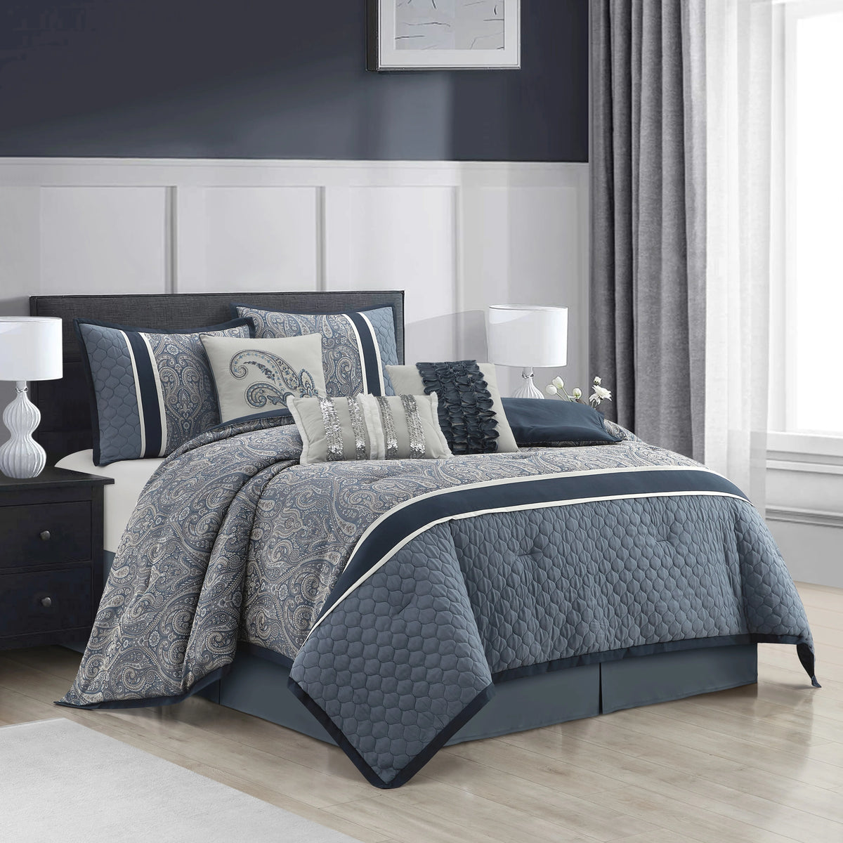 Lanco Smoke Grey Comforter Set California King Size, 9 Piece Jacquard Floral Bedding Set, All Season, Ultra-Soft, Matching Pillows & Shams, Bed Skirt