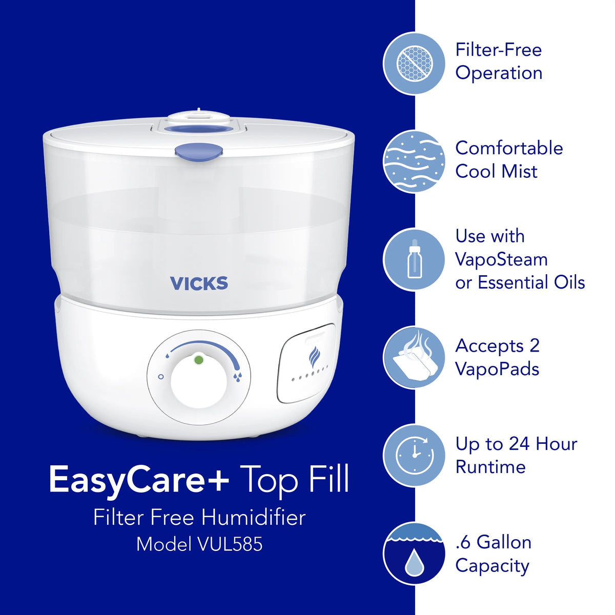 Vicks EasyCare + Top Fill Ultrasonic Cool Mist Humidifier, 400 sq ft, White, VUL585