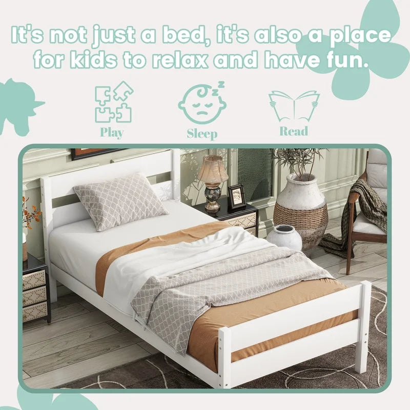 Duxelifin Wood Twin Bed Frame with Rails, Twin Size Low Platform Bed with Headboard and Footboard, Low Twin Bed Frame for Girls & Boys, White