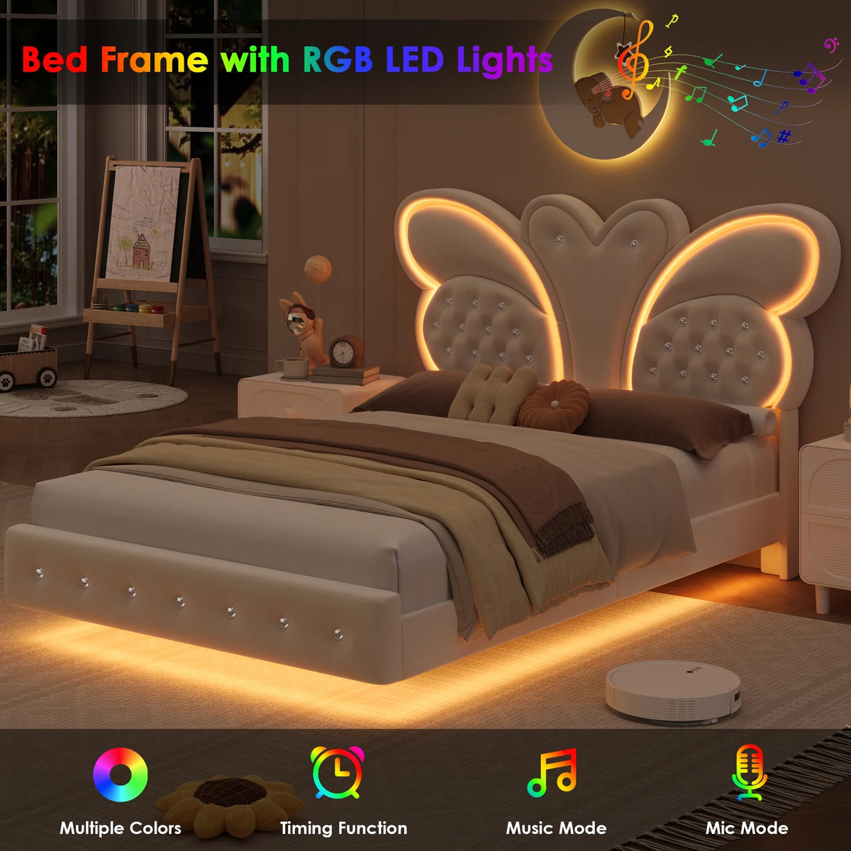 Homfa Twin Size Velvet Upholstered Bed with LED Lights, Floating Platform Bed Frame with Butterfly Crystal Button Tufted Headboard, Pink