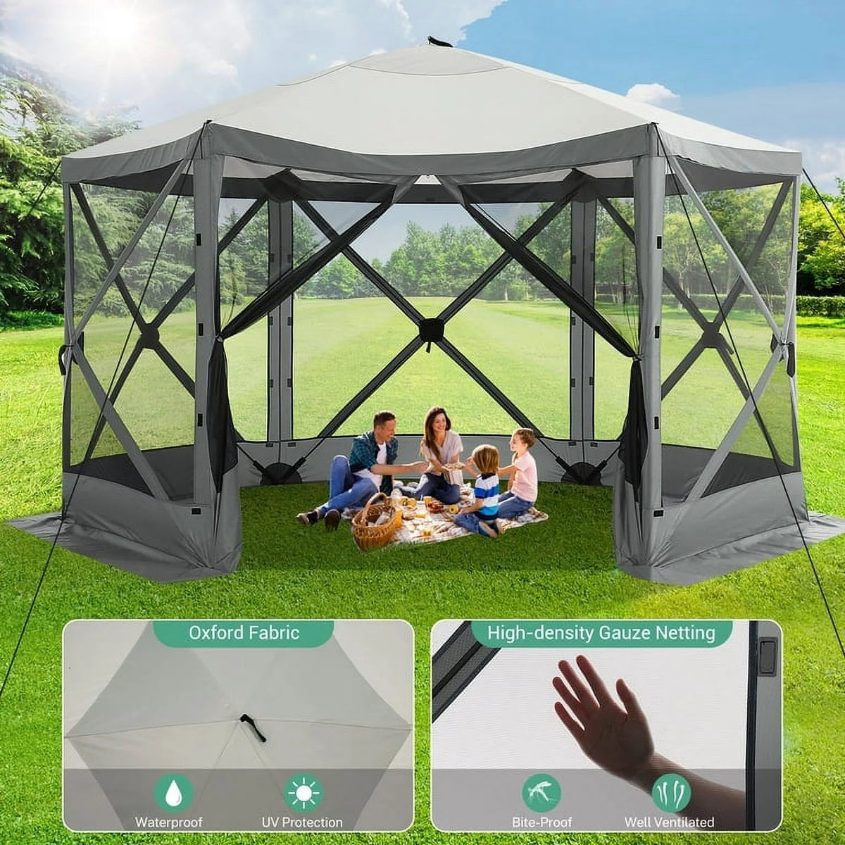 SANOPY 12'x12' Gazebo Outdoor Pop up Gazebo Screen Tent with 6 Sides Mosquito Netting Camping Gazebo Instant Shelter Glamping Tent with Carry bag, Ground Spike, Gray
