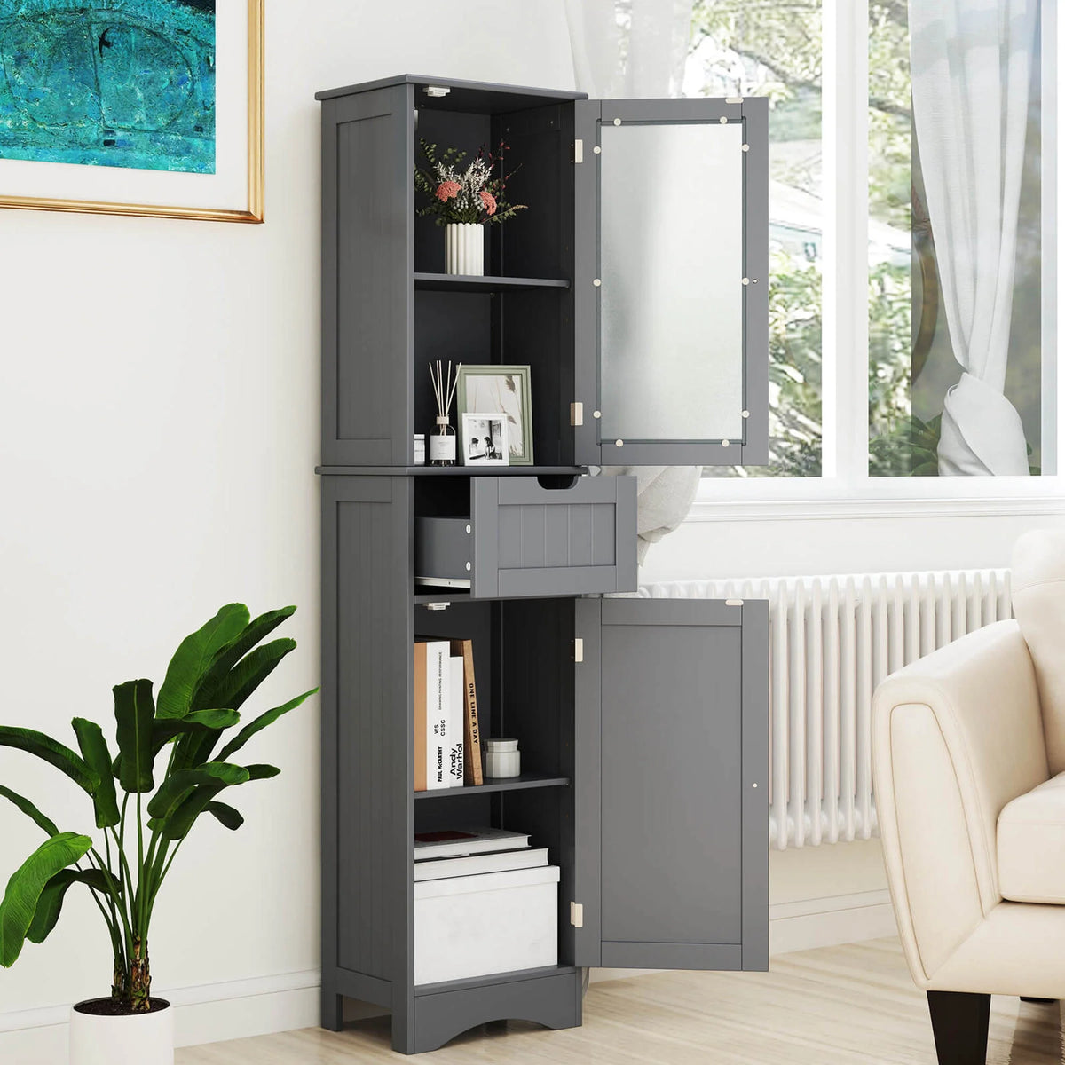 Costway Tall Bathroom Cabinet with Adjustable Shelves Deep Drawer for Living Room Black