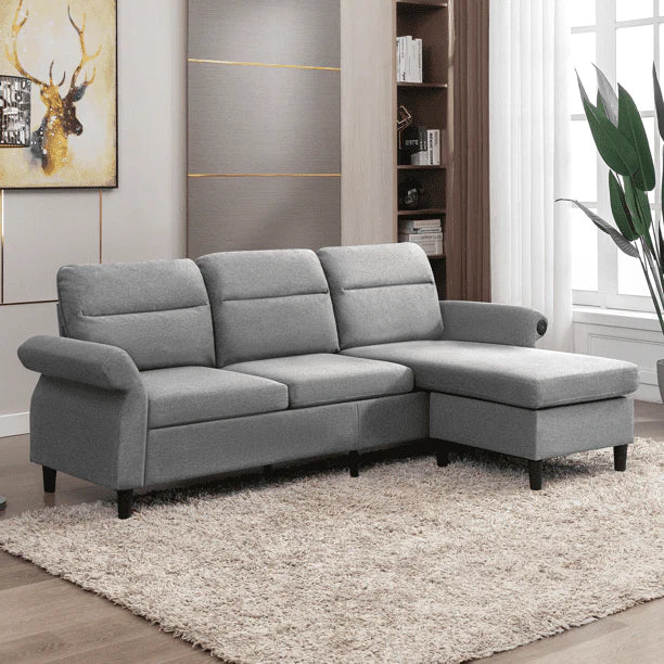 Mjkone Modern 88" W Convertible Sectional Sofa Couch with 2 USB Ports and Adjustable Armres,3 Seat L-Shape Sofa Couch with,Ottoman for Living Room,Apartment , Linen Fabric,Light Grey