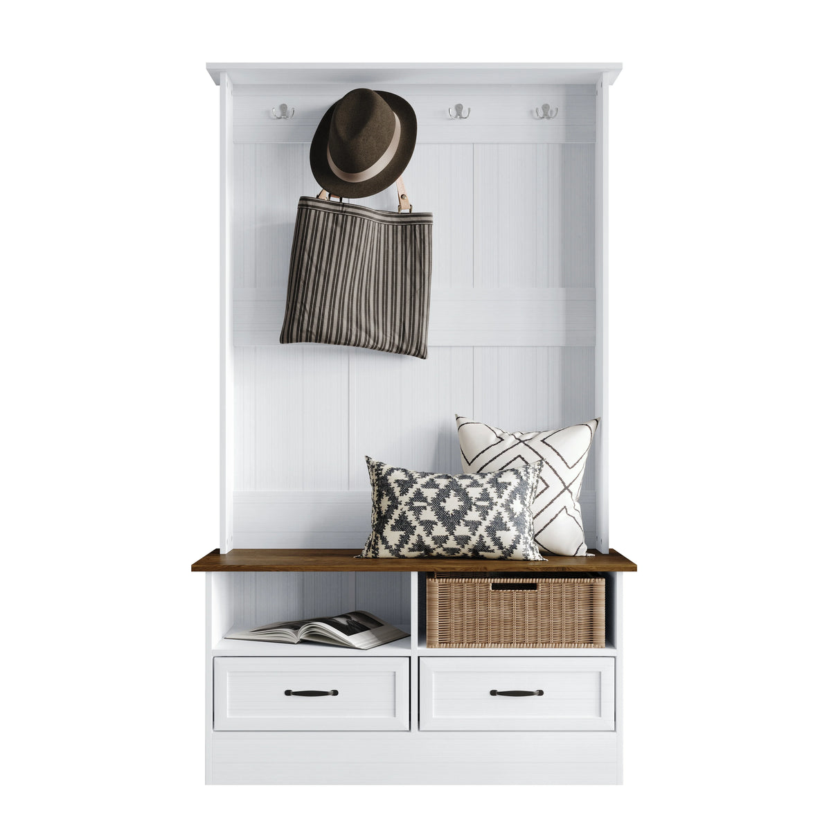 Castle Place Contemporary Hall Tree with Storage Cabinet, White