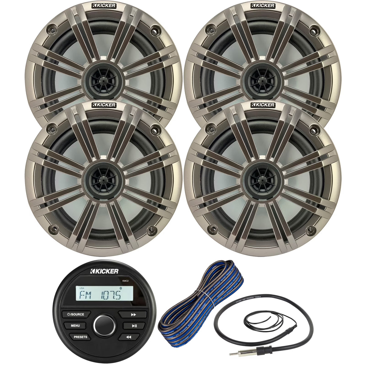 Kicker 46KMC2 Receiver + 2 Pairs 6.5" 2Way 195W Speakers w/ White Grilles, 50-ft Wire, 22" Antenna
