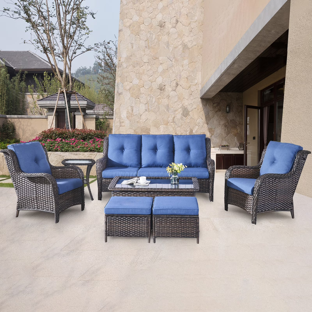 POCASSY 7 Piece Rattan Sofa Seating Group with Cushions