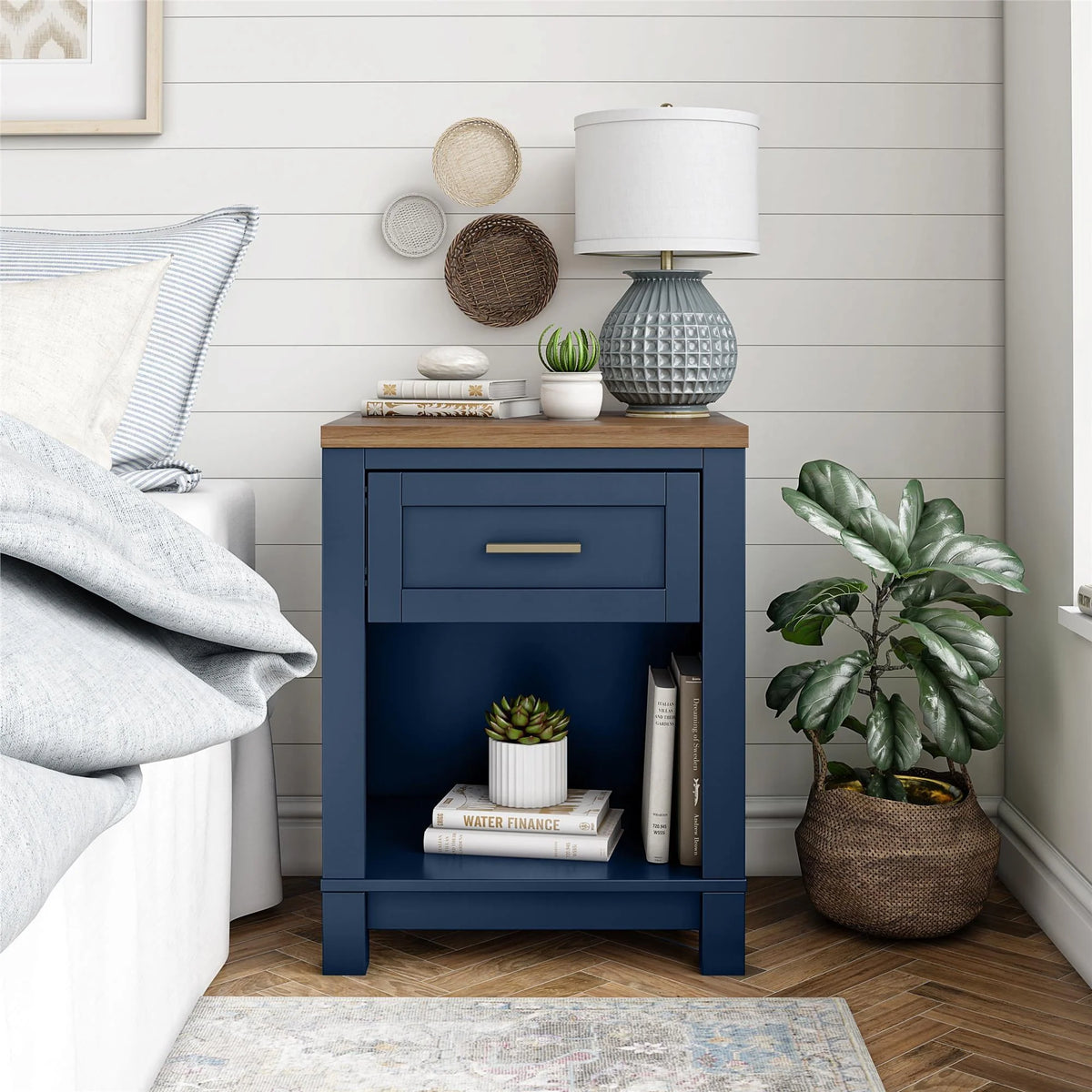 Ameriwood Home Josiah Nightstand, Navy with Walnut top