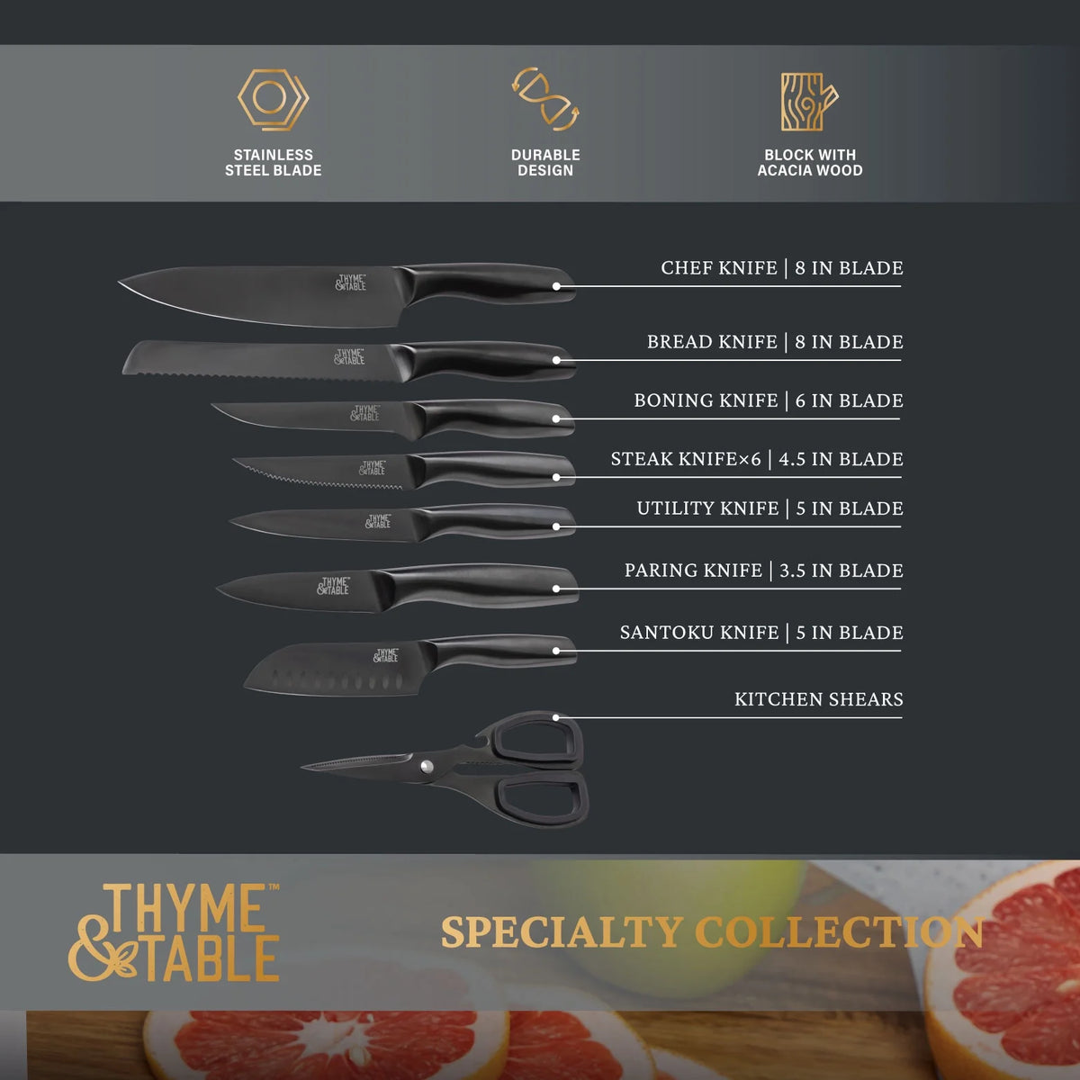 Thyme & Table 15-Piece Knife Block set with Sharpener, Gunmetal