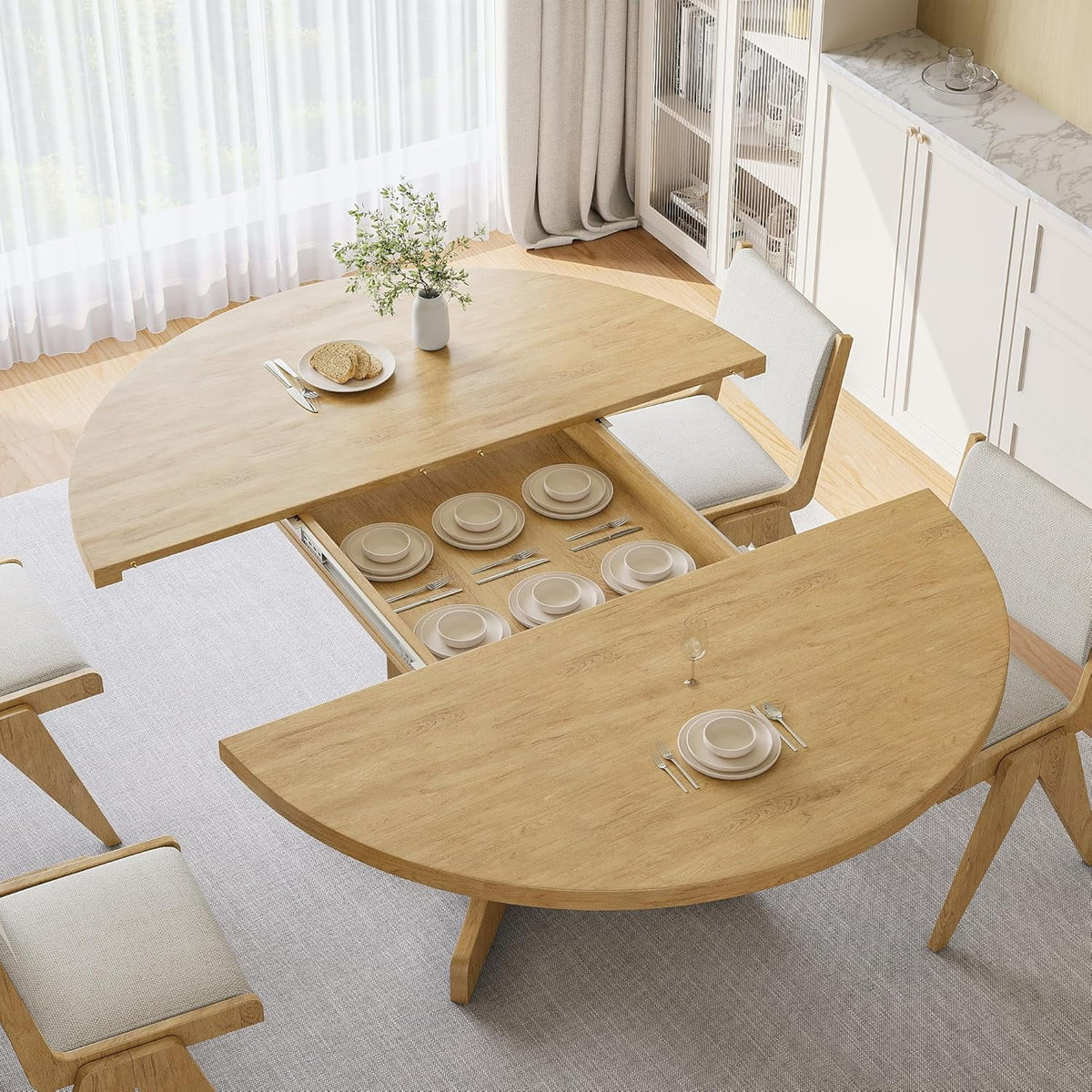 iPormis 59" Extendable Round Dining Table for 6, Modern Kitchen Table with Sturdy Wooden Base, Dining Room Table with Thickened MDF Board, Perfect for Small Space, Black