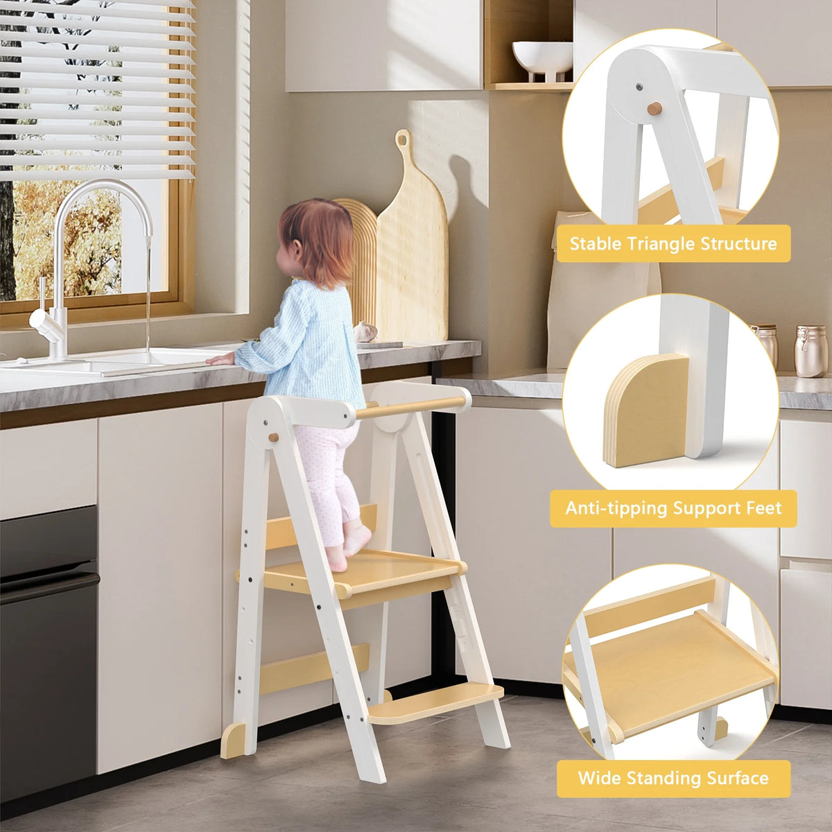JOZ Kitchen Toddlers Step Stool, Montessori Kids Learning Stool, Foldable Toddler Tower for Counter, Standing Helper for Children, 3 Adjustable Heights, Wooden, White