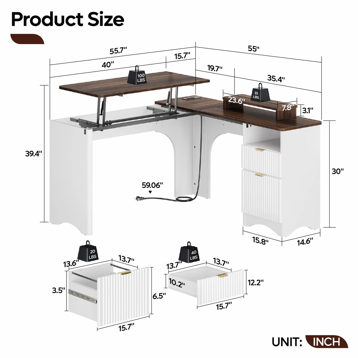 Bestier 55" L-shaped Computer PC Desk Lift Top with Power Outlets Storage Drawers and Monitor Stand, Log