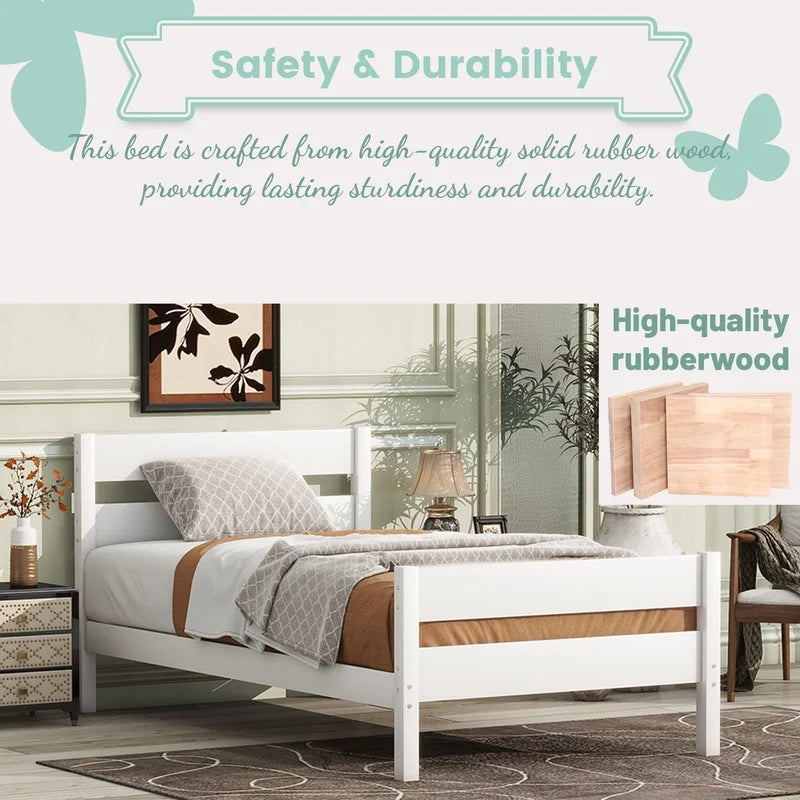 Duxelifin Wood Twin Bed Frame with Rails, Twin Size Low Platform Bed with Headboard and Footboard, Low Twin Bed Frame for Girls & Boys, White