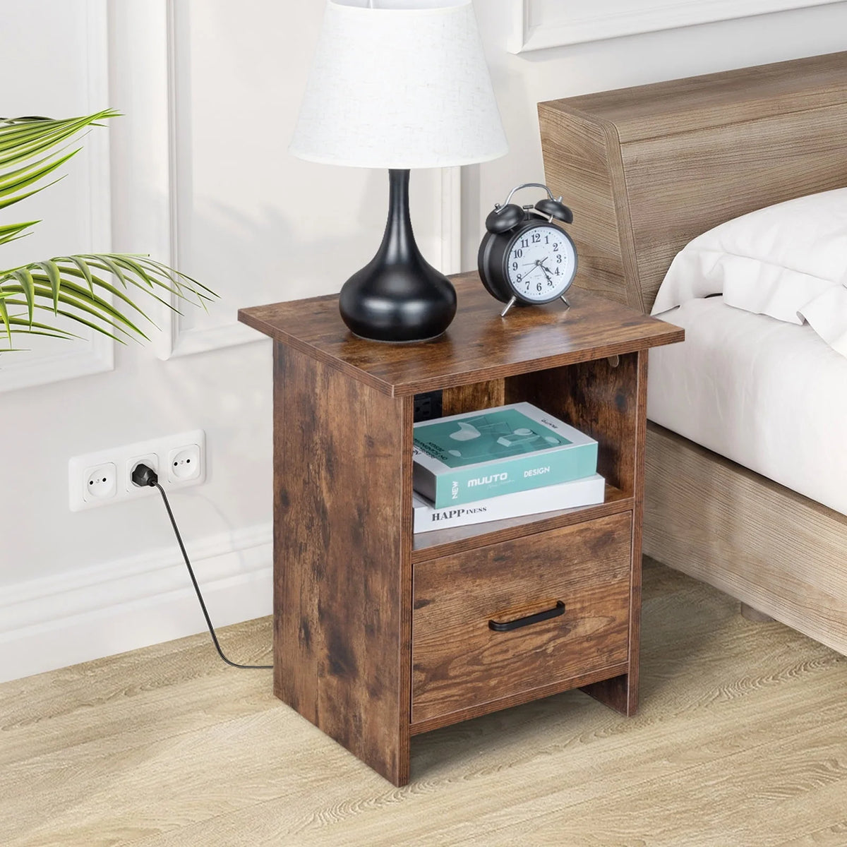 HQZX Vintage Nightstand with USB Socket,Bedside Table with 1 Drawer,Walnut,Adult