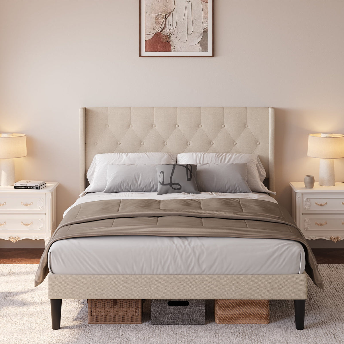 Lofka Queen Size Bed Frame with Upholstered Wingback Headboard Beige Finish