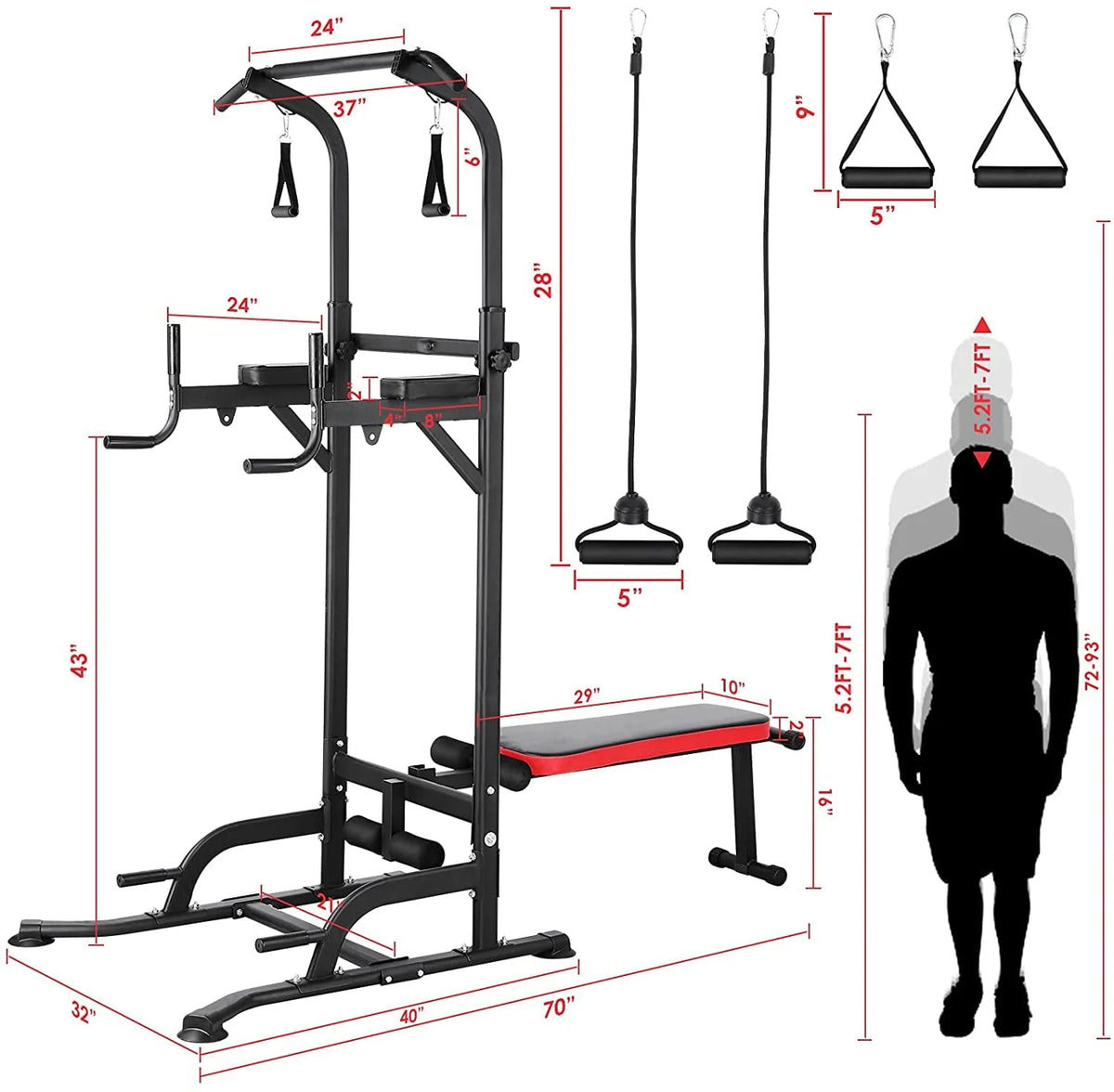 HOMFY Power Tower w/Sit Up Bench, Multifunction Dip Pull Up Bar Station, Heavy Duty Steel Frame w/Pull Rope 400lb