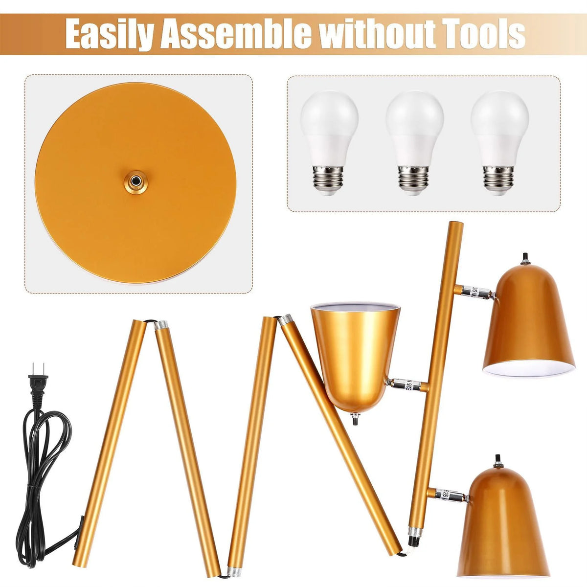 Devo Floor Lamp with 3 LED Edsion Bulb Super Bright Tree Floor Lamps with 360° Adjustable Rotating Shades, Independent Switch Control Reading Light Standing Tall Pole Lamps for Living Room Bedroom