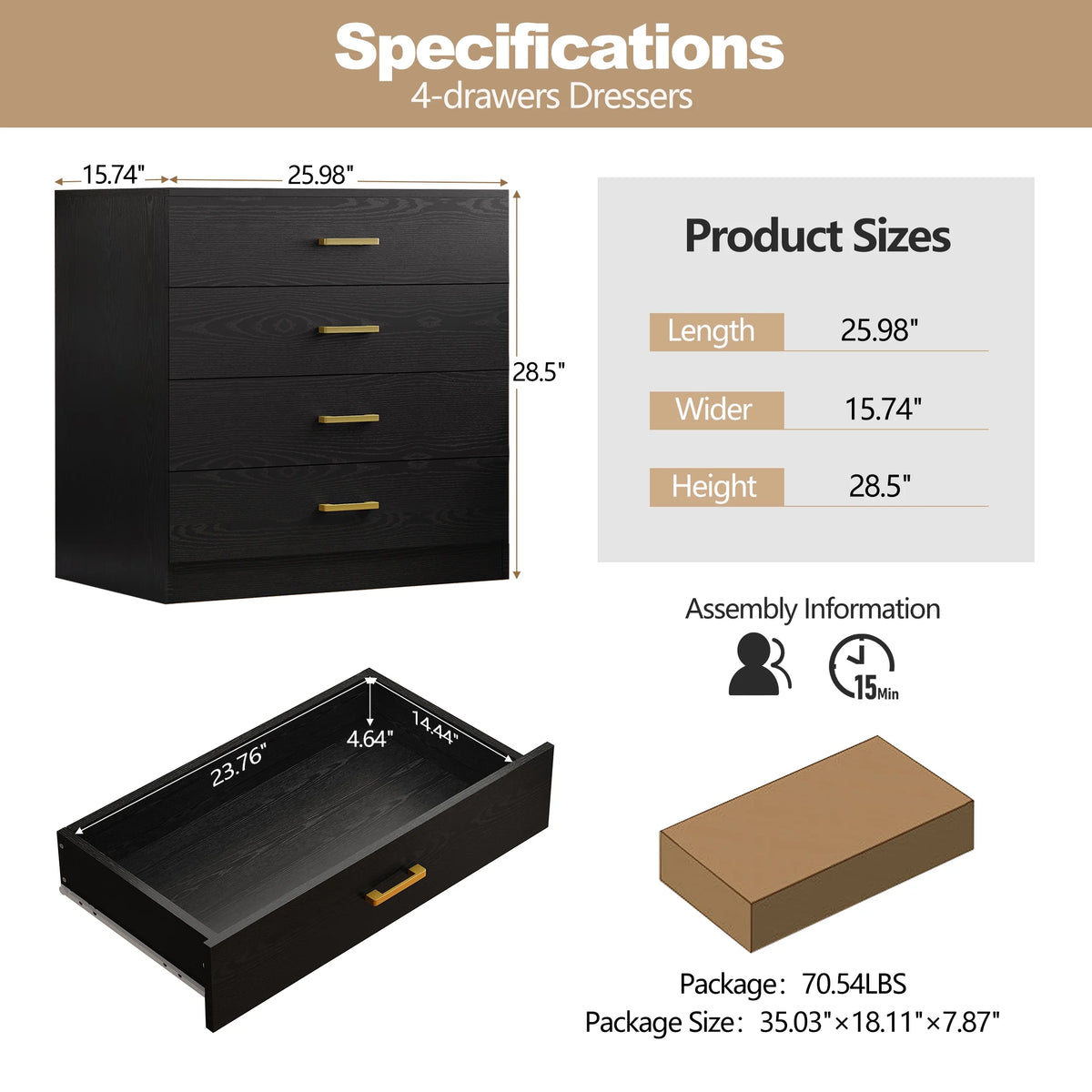 White 4-Drawer Wood Dressers for Bedroom