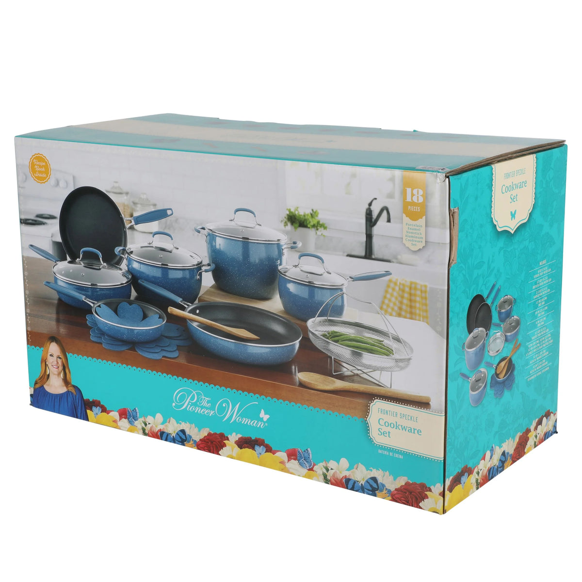 The Pioneer Woman Frontier Speckle 18 Piece Nonstick Aluminum Cookware Set, Blue