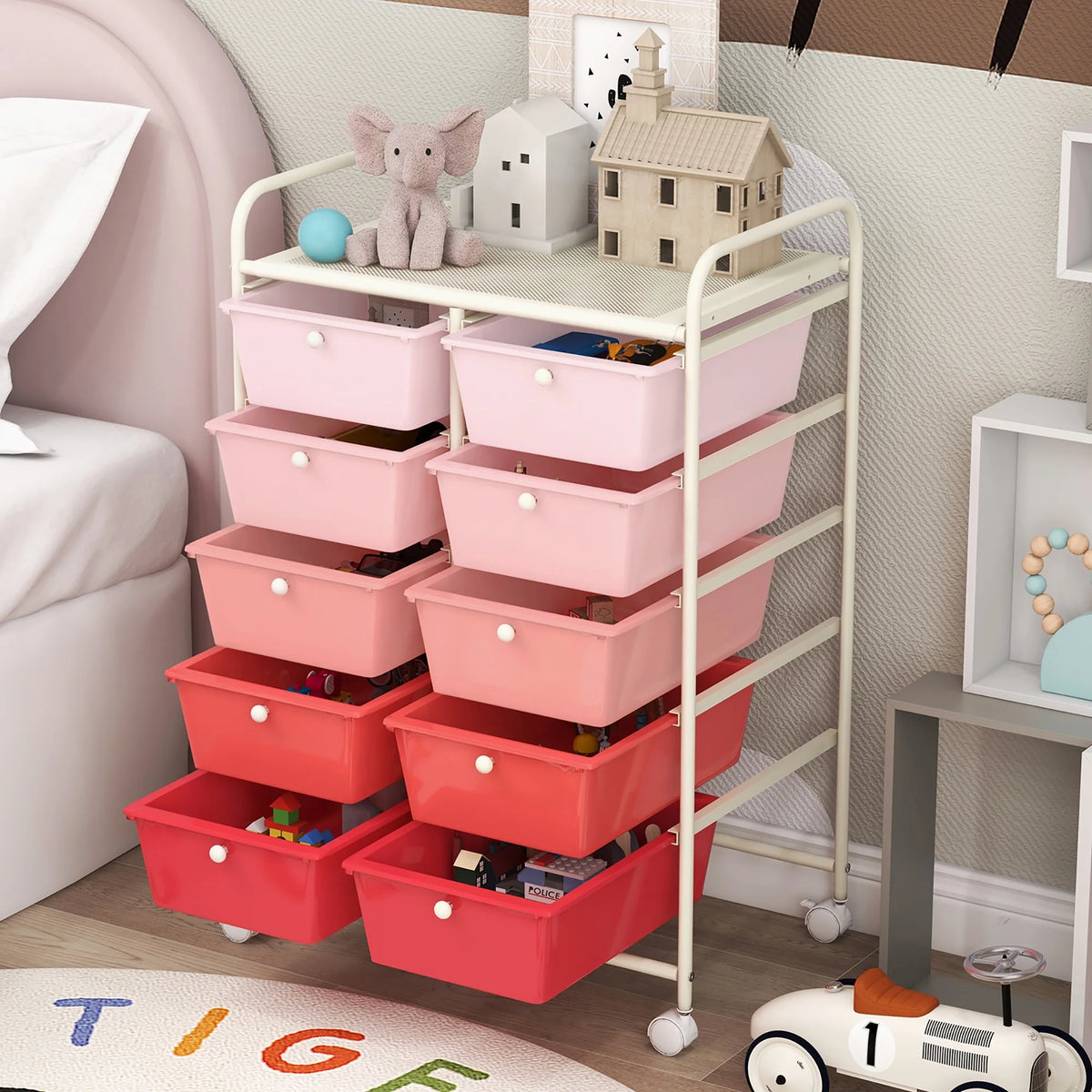 Gymax 10-Drawer Rolling Storage Cart Tools Scrapbook Paper Organizer on Wheels Black Gradient