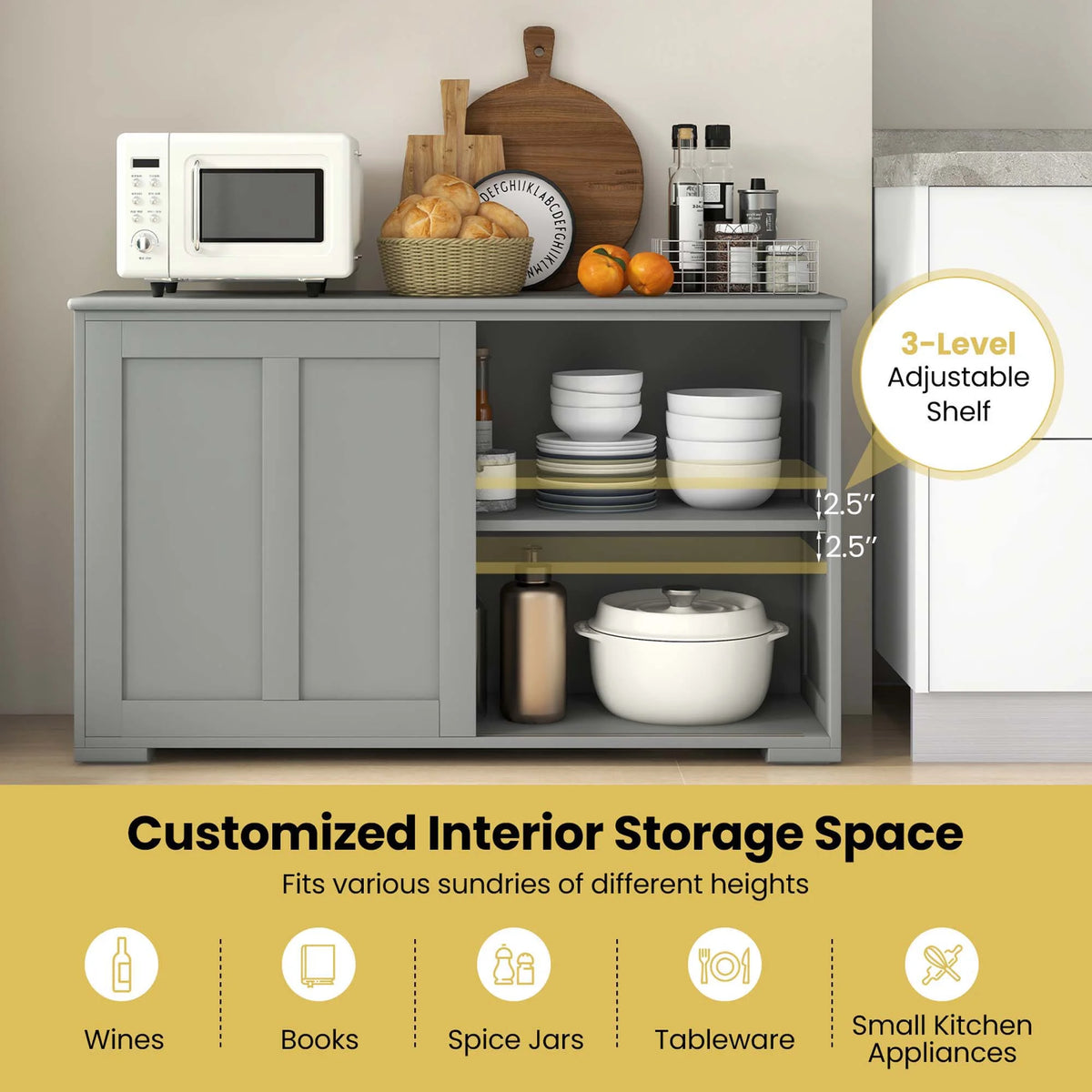 Costway Kitchen Storage Cabinet Sideboard Buffet Cupboard Wood Sliding Door Pantry White