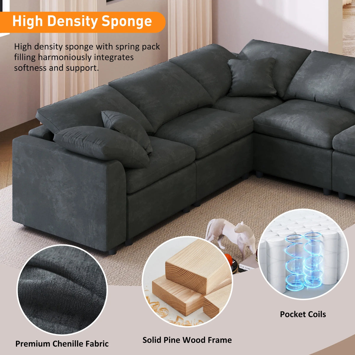 EUROCO 124.8" 7-Seater Oversized Modular Couches and Sofas Sectional with Ottoman,Sectional Sofa U/L Shaped Chenille Sectional Couch for Living Room, Office, Spacious Space