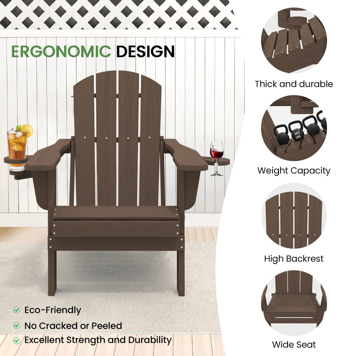 SERWALL Folding Adirondack Chair Set with Dual Cup Holders & Phone Holder, All-Weather HDPE Fire Pit Chairs for Outdoor, Patio, Poolside, Garden - Black