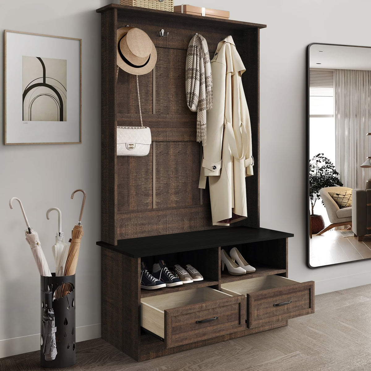 Castle Place Contemporary Hall Tree with Storage Cabinet, White