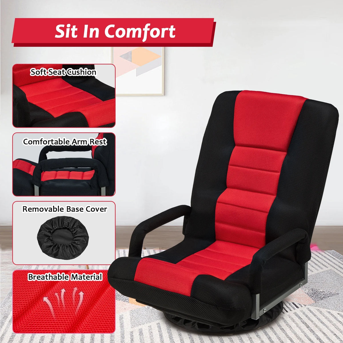 Avocahom Swivel Gaming Floor Chair w/ Armrest Handles, No Assembly gaming chair rocker, Folding Reclining Sofa w/6 Position Adjustable Backrest for Video Games, Watching TV, Reading,Blue