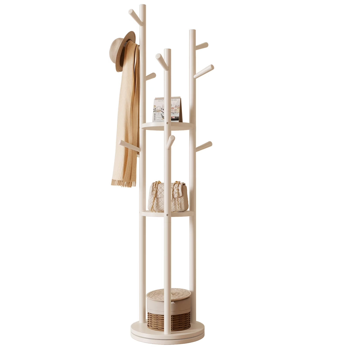 KASLANDI Solid Wood Rotary Coat Rack with 3 Shelves & 9 Hooks, Freestanding Hall Tree Stand, Coat Tree for Entryway, Living Room, Walnut, Easy Assembly