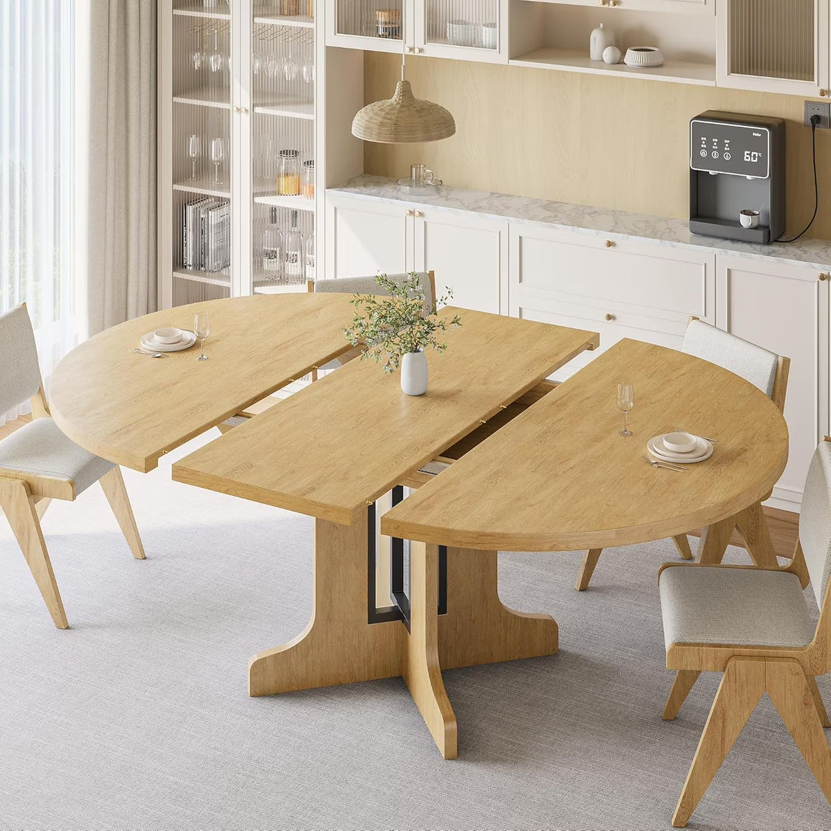 iPormis 59" Extendable Round Dining Table for 6, Modern Kitchen Table with Sturdy Wooden Base, Dining Room Table with Thickened MDF Board, Perfect for Small Space, Black