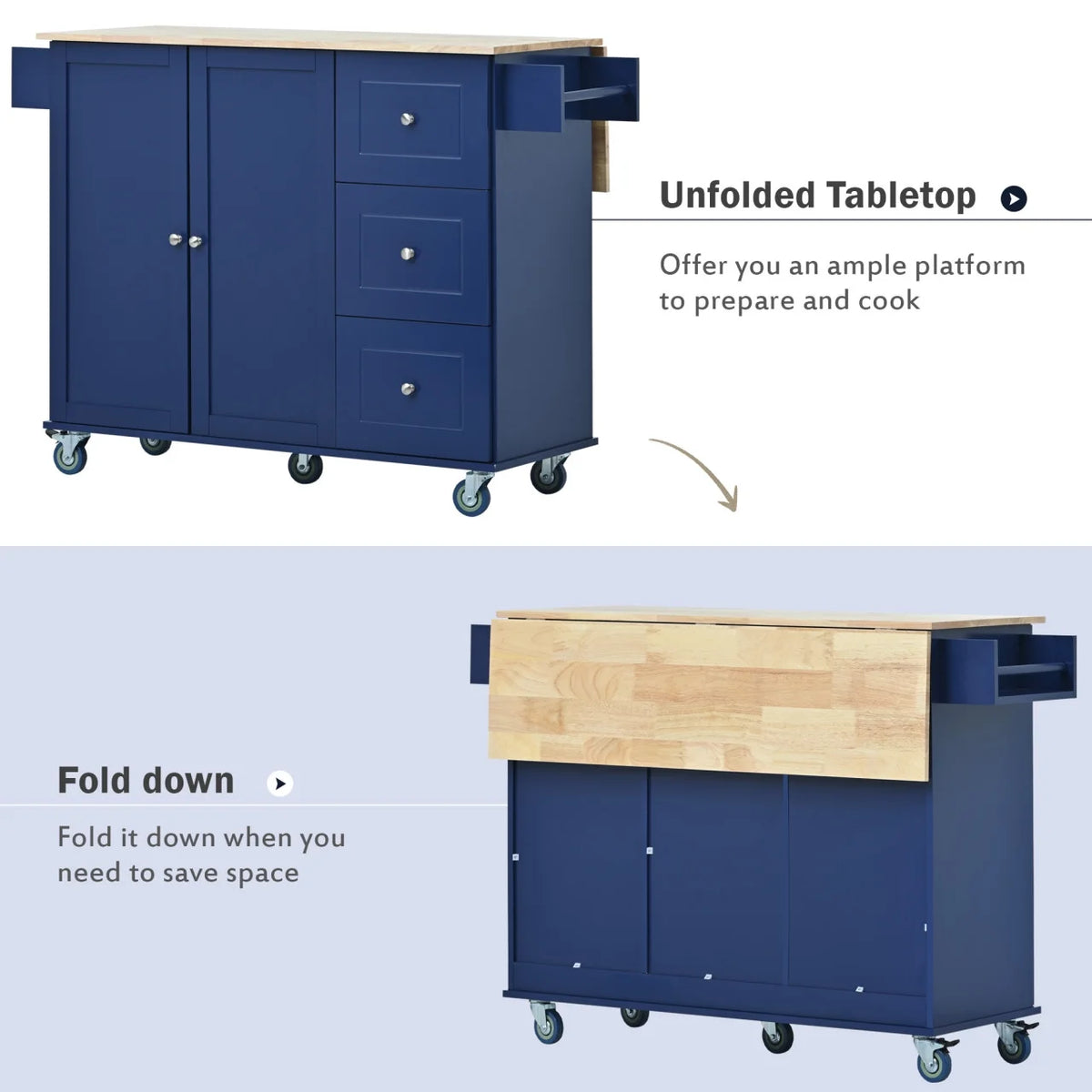 Kitchen Cart with Solid Wood Top and Drop Leaf Breakfast Bar, Rolling Mobile Kitchen Island with Storage, Spice Rack and Towel Rack, 52.7 Inch Width, Grey Blue