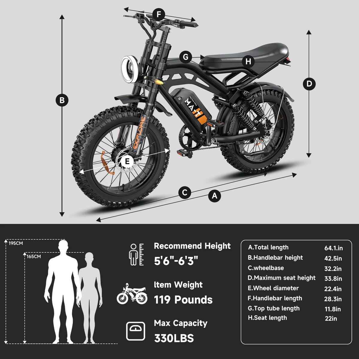 MA-L 1500W Peak Electric Bike for Adults, 48V 15Ah Battery, 20" x 4" Snow Fat Tire, Full Suspension, Shimano 7-Speed, E-Mountain Bike, UL2849