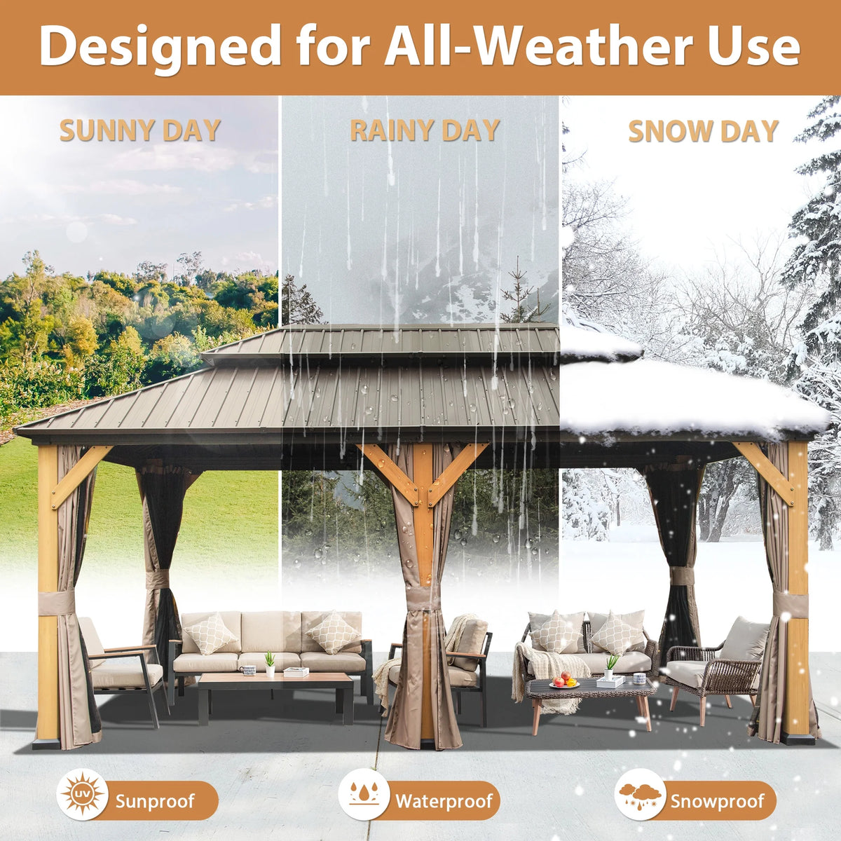 Domi 12x20 ft Wood Gazebo, Cedar Wood Frame Hardtop Gazebo with Galvanized Steel Double Roof, Outdoor Gazebo with Netting and Curtains, Patio Gazebo Pergola Pavilion for Patio, Backyard, Deck, Lawns