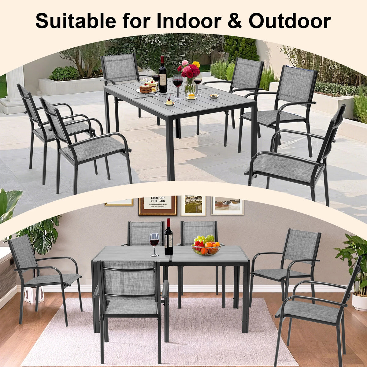 Seizeen 7-Piece Outdoor Table and Chairs, Patio Table Set with 6 Rattan Chairs, All-weather Outdoor Patio Dining Sets Rectangular Metal Table with Acacia Wood Top, Umbrella Hole, Gray
