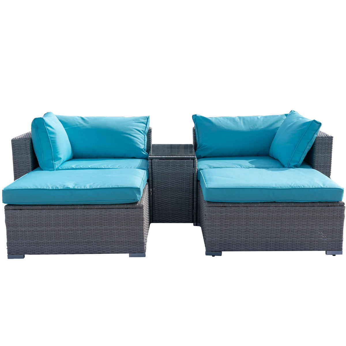 5 Pieces Outdoor Rattan Patio Sofa Set with Blue Cushions