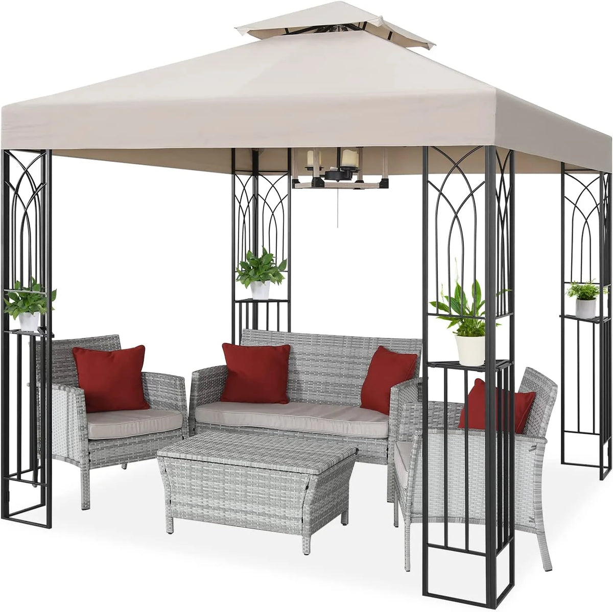 COOS BAY 8x8 Outdoor Patio Gazebo with Corner Shelves, Two-Tier Soft Top Canopy for Backyard, Lawn, Deck and Garden, Gray