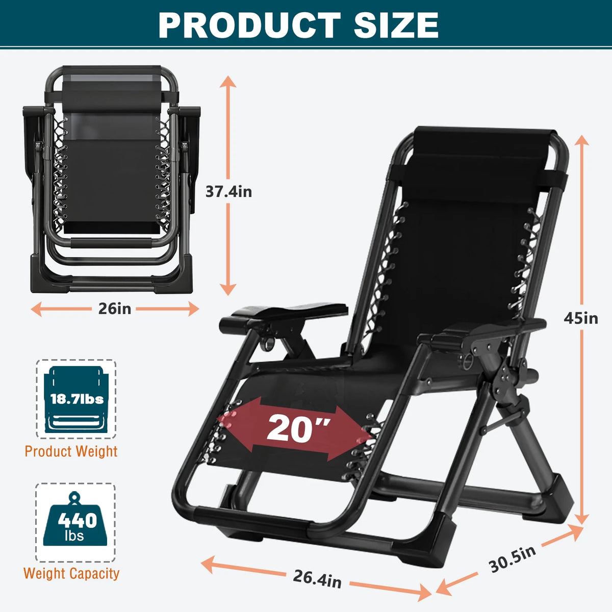 NAIZEA Outdoor Zero Gravity Chair Camping Recliner Lawn Recliner, Reclining Patio Lounger Chair, Folding Portable Chaise with Detachable Soft Cushion, Cup Holder, Headrest