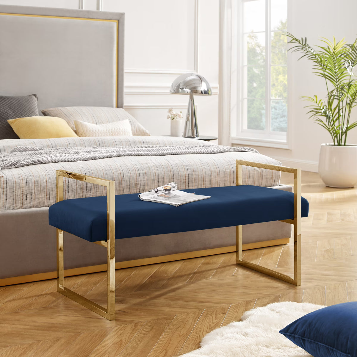 Madisen Velvet Bench with Gold Frame, Navy