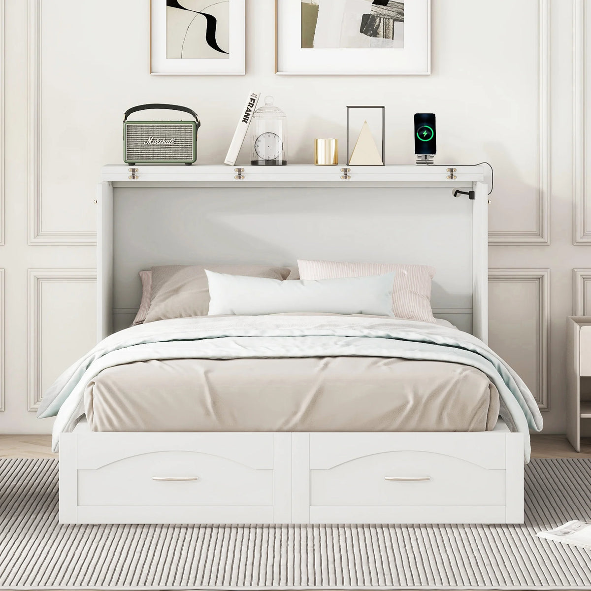 Harper & Bright Designs Full Size Murphy Bed with Shelves, Foldable Wall Bedframe w/Flexible Slats Support, Space-Saving Design, Can Be Folded Into Cabinet, White