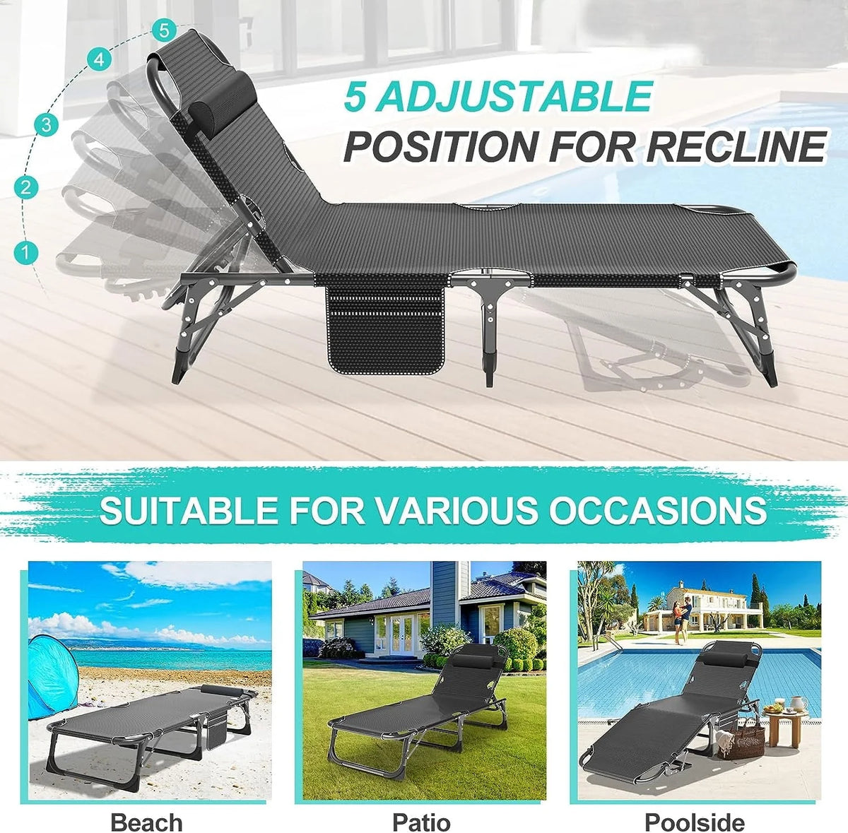 ABORON Folding Camping Cot with 2-Sided Pad & Pillow for Adults & Kids, Adjustable 5-Position Folding Lounge Chair, Folding Cot, Sleeping Cots Bed