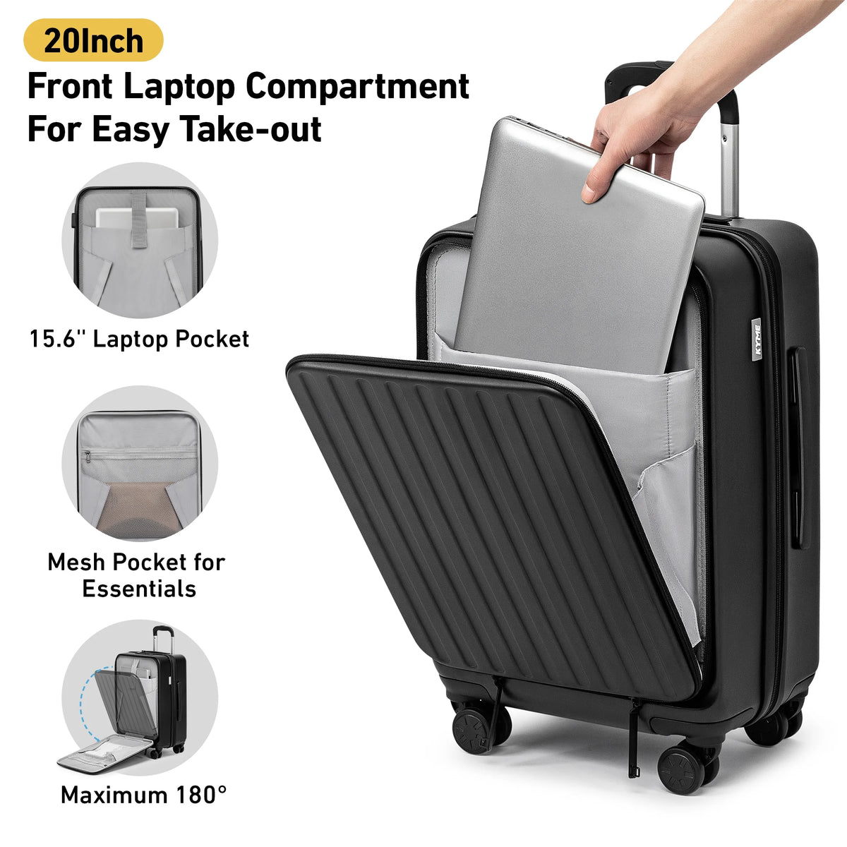 Front Open Carry On Luggage Laptop Compartment 100%PC TSA Lock Spinner Wheels 20" Lightweight Hardside Suitcase