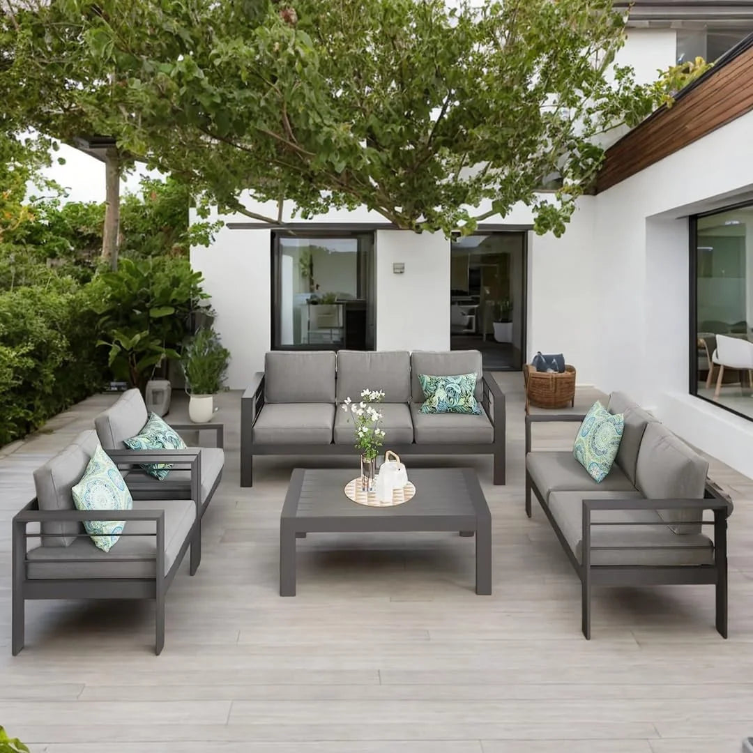 CozyHom 5 Pcs Outdoor Patio Aluminum Furniture Sofa Sets, Outside Patio Conversation Couch Sets With Table&Cushions for Garden Porch, Gray